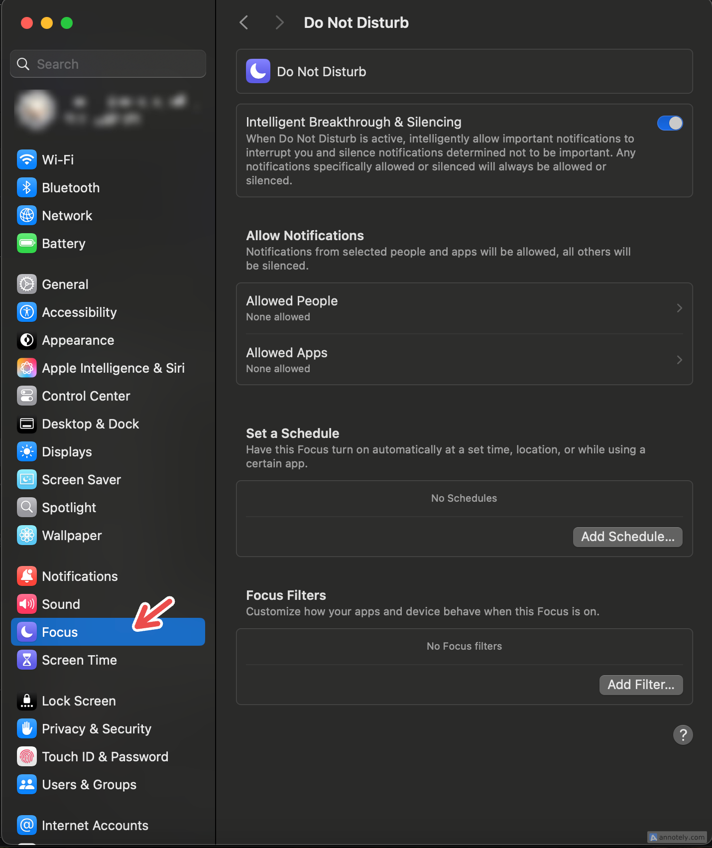 macOS Tahoe設定の集中モード設定インターフェース