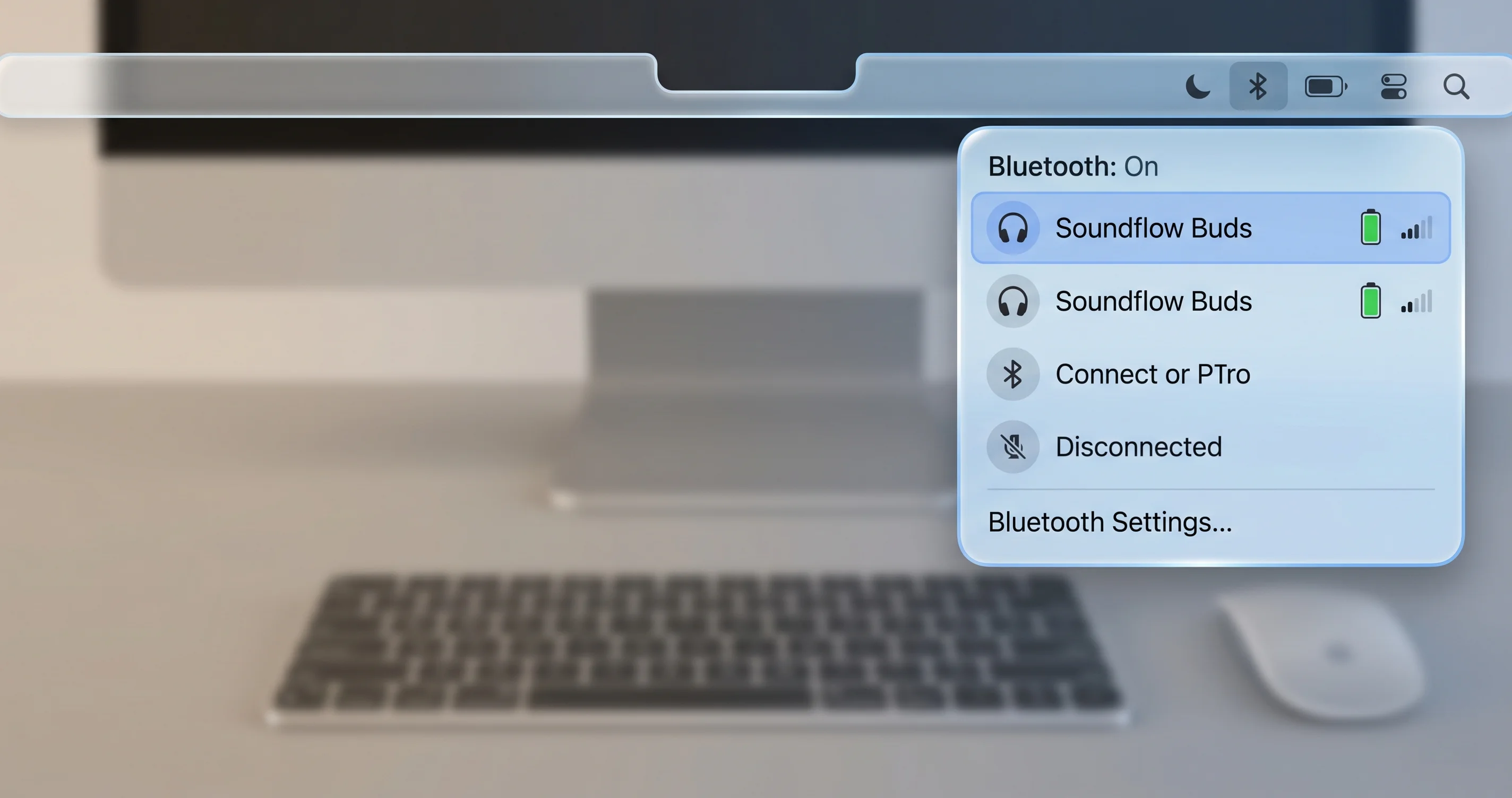 연결된 AirPods를 보여주는 macOS Bluetooth 메뉴 막대