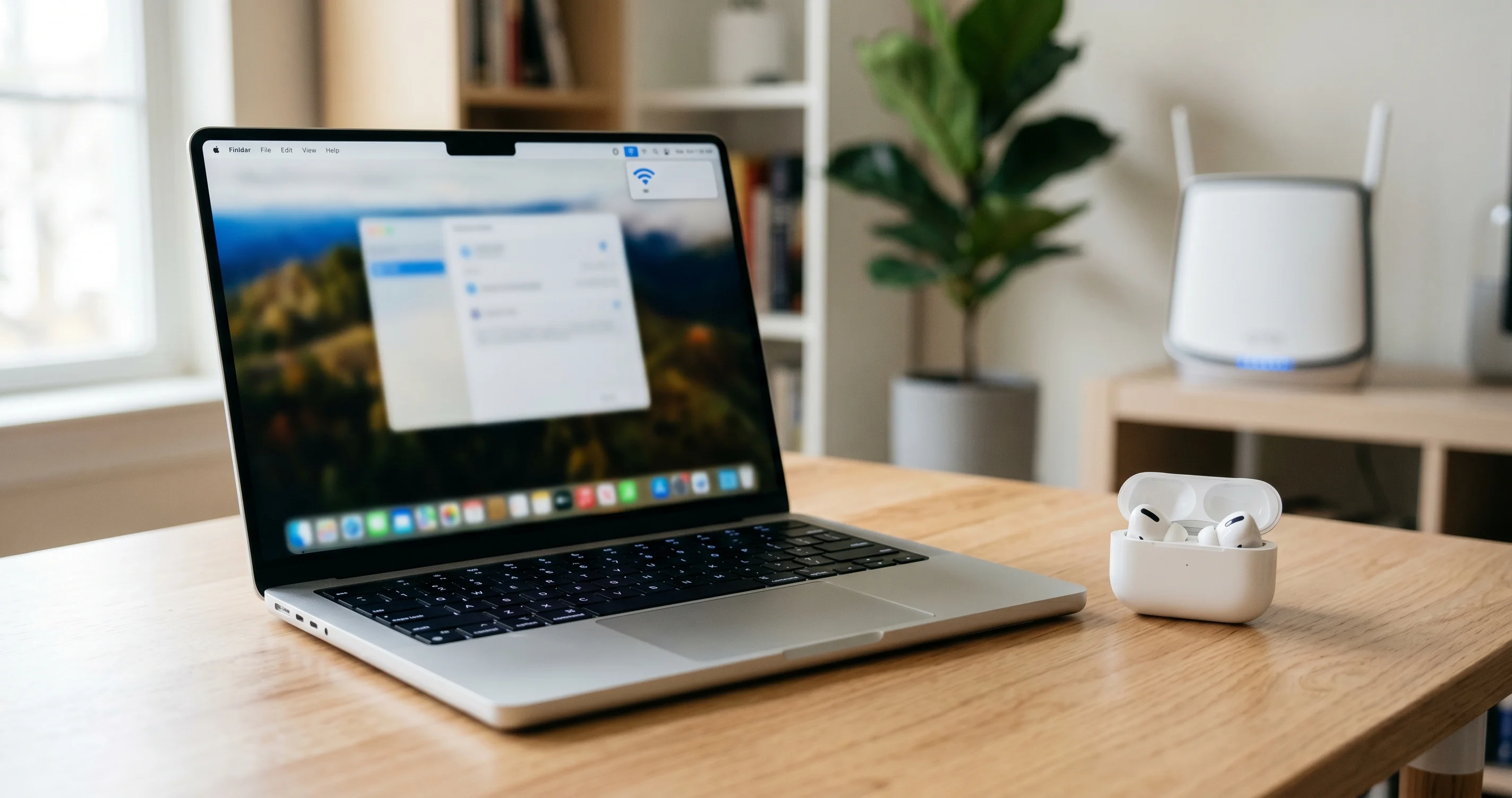 AirPods, MacBook, Wi-Fi 라우터가 있는 책상 배치