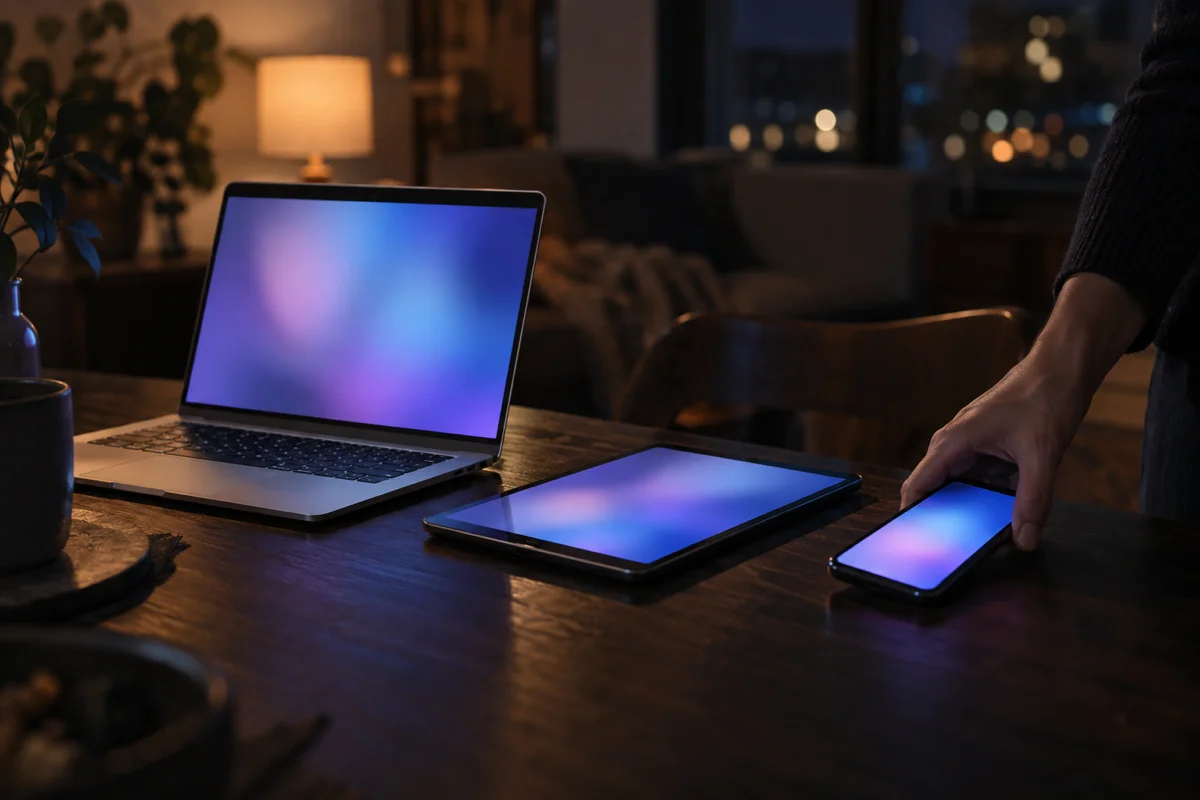 A laptop, a tablet and a smartphone side by side on a table at night, each screen glowing with the same soft violet light