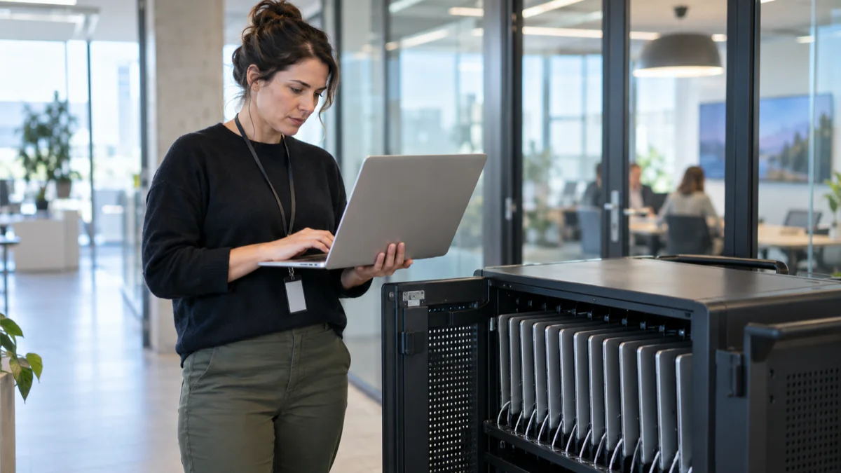 An IT administrator in an office checking a laptop beside a charging cart full of managed laptops