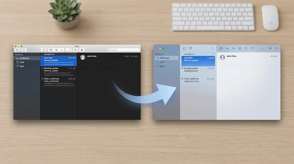 Apple Mail과 나란히 놓인 Outlook for Mac