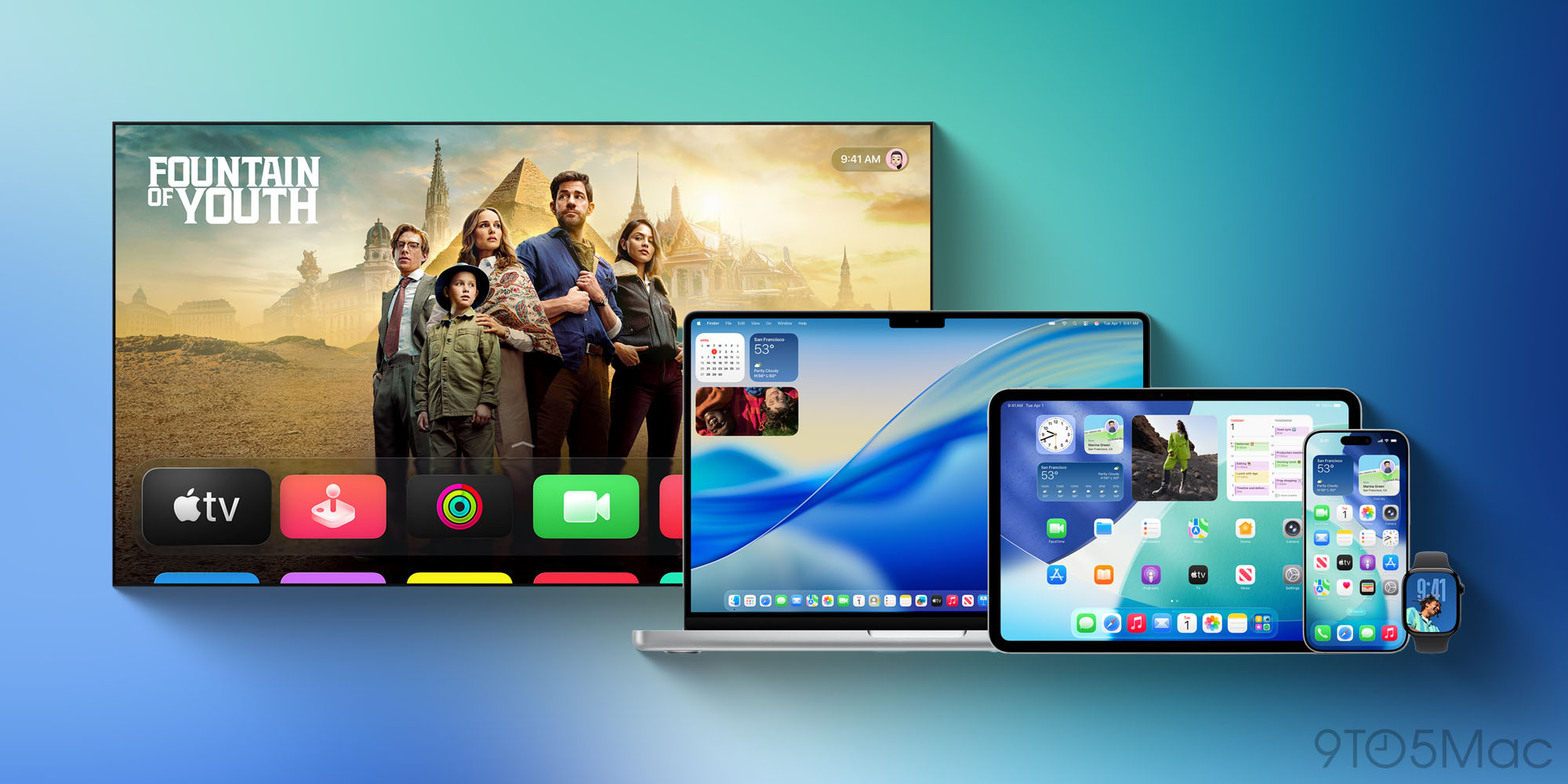 Apple's 2026 device lineup showcasing the Liquid Glass design language across Mac, iPhone, and iPad