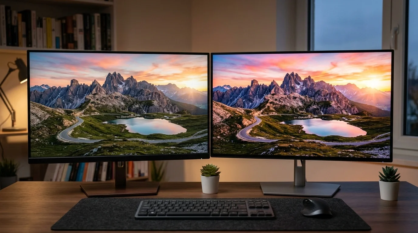 Side by side comparison of Studio Display XDR and Studio Display showing the HDR brightness and local dimming difference