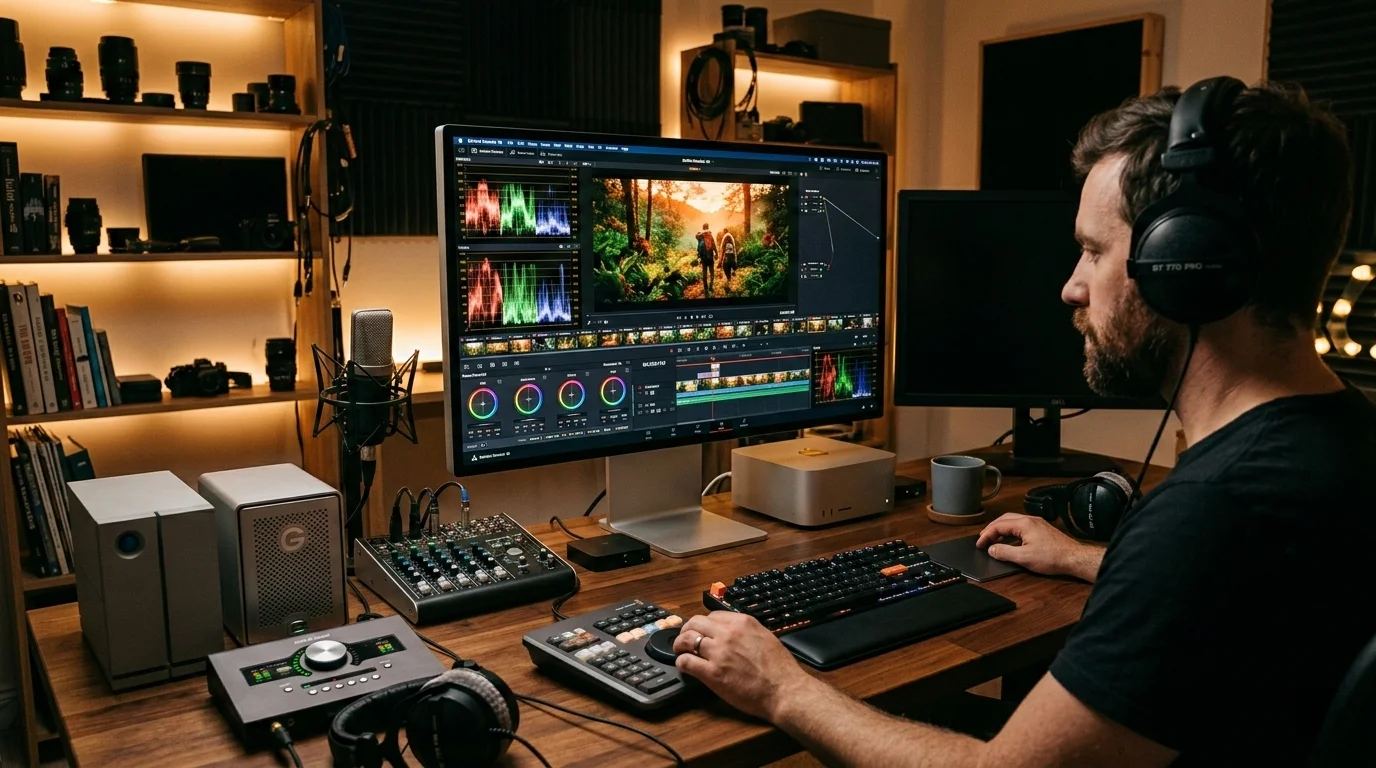 A professional creative workspace with the Studio Display XDR showing HDR video content and a Mac Studio on the desk