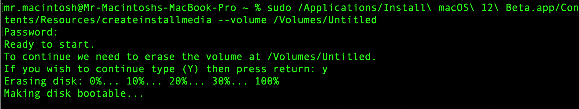 Terminal createinstallmedia Process