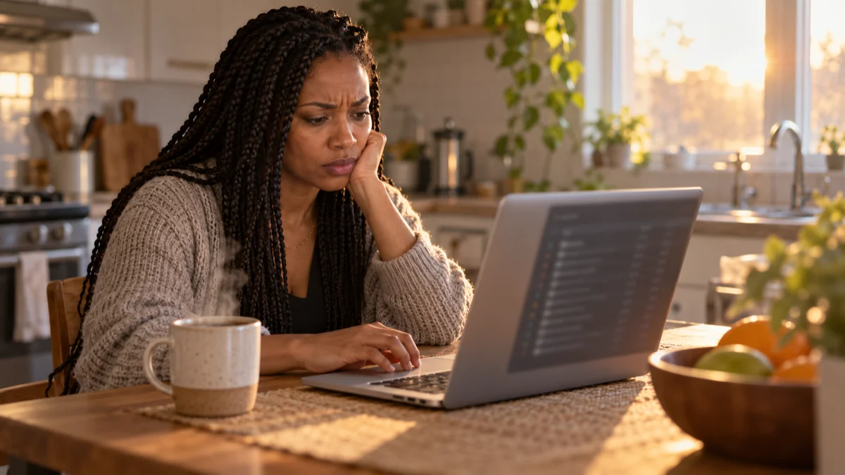 A woman in her thirties at a kitchen table early in the morning, frowning at a thin silver laptop while a coffee cup steams beside it, the blurred screen showing a list of processes