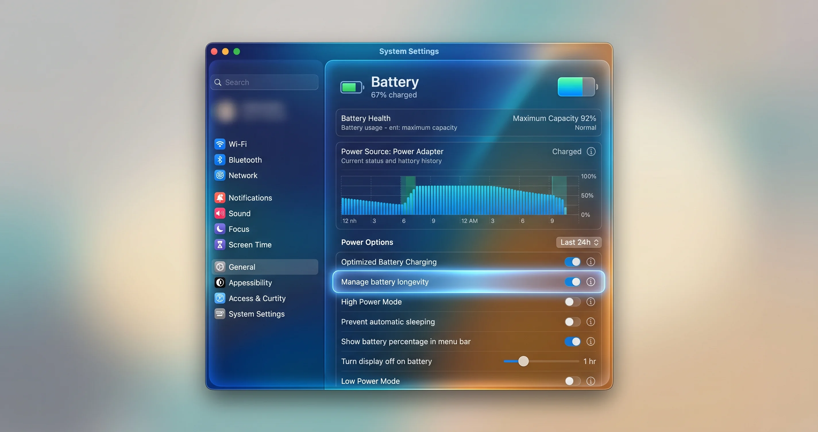 macOS Battery settings showing put hard disks to sleep option