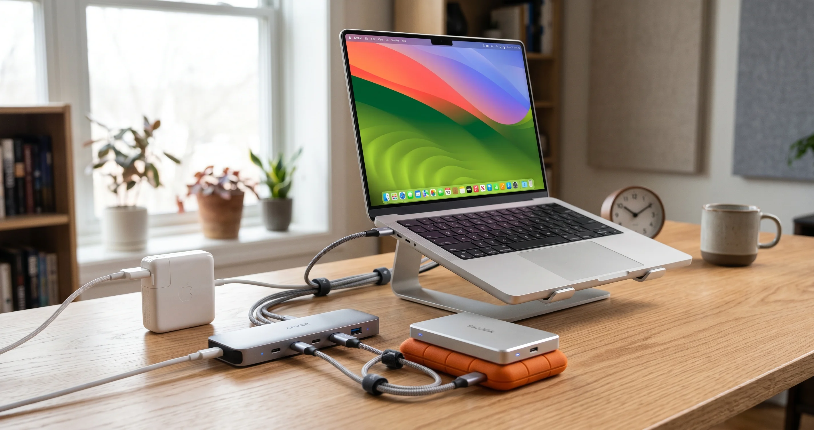 Powered USB-C hub connected to MacBook with external drives