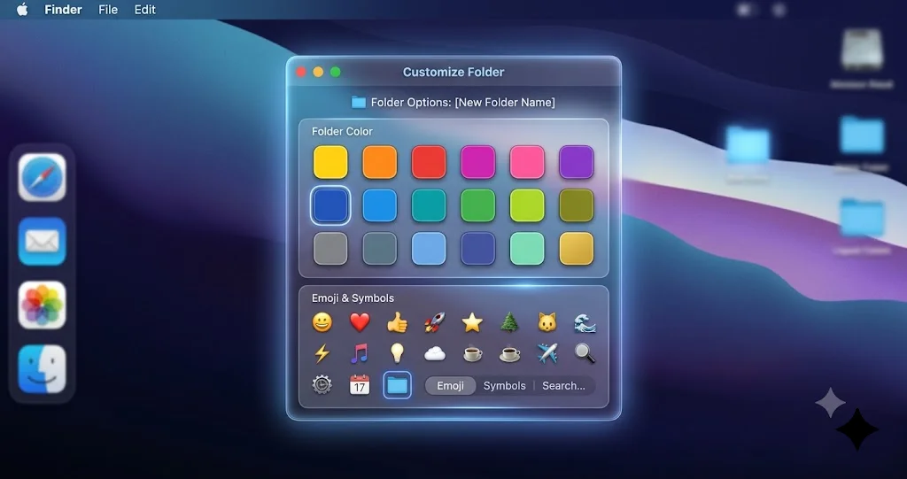 macOS 上的「自定义文件夹」面板，显示颜色和 Emoji 选项