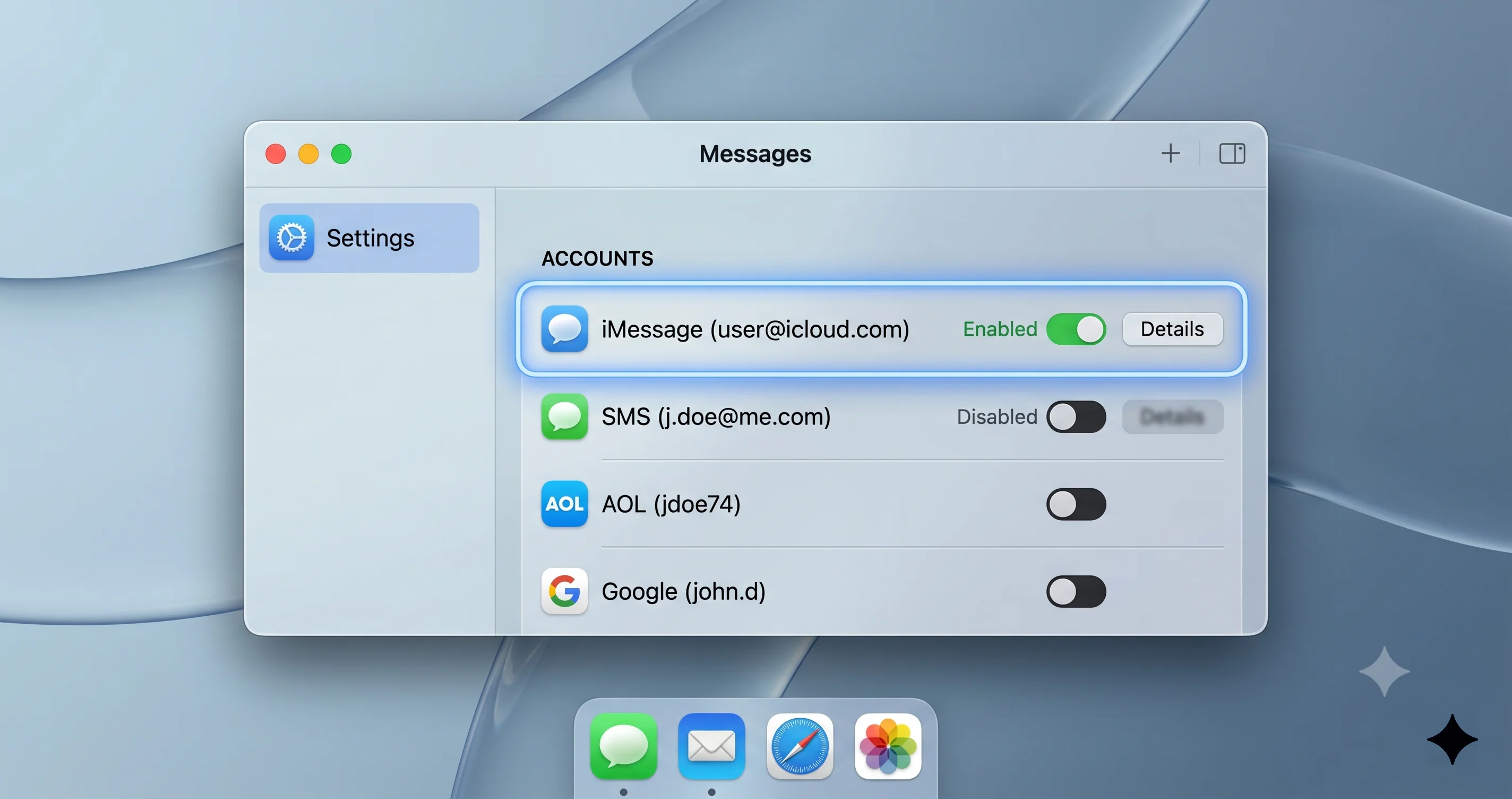 macOS Messages settings showing iMessage account toggles