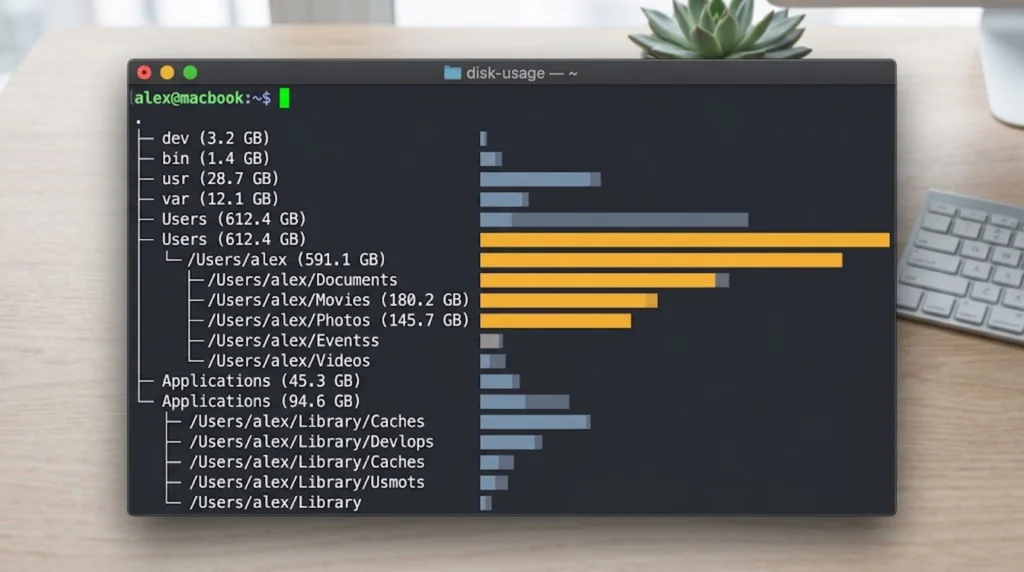 Terminal showing disk usage analysis on macOS