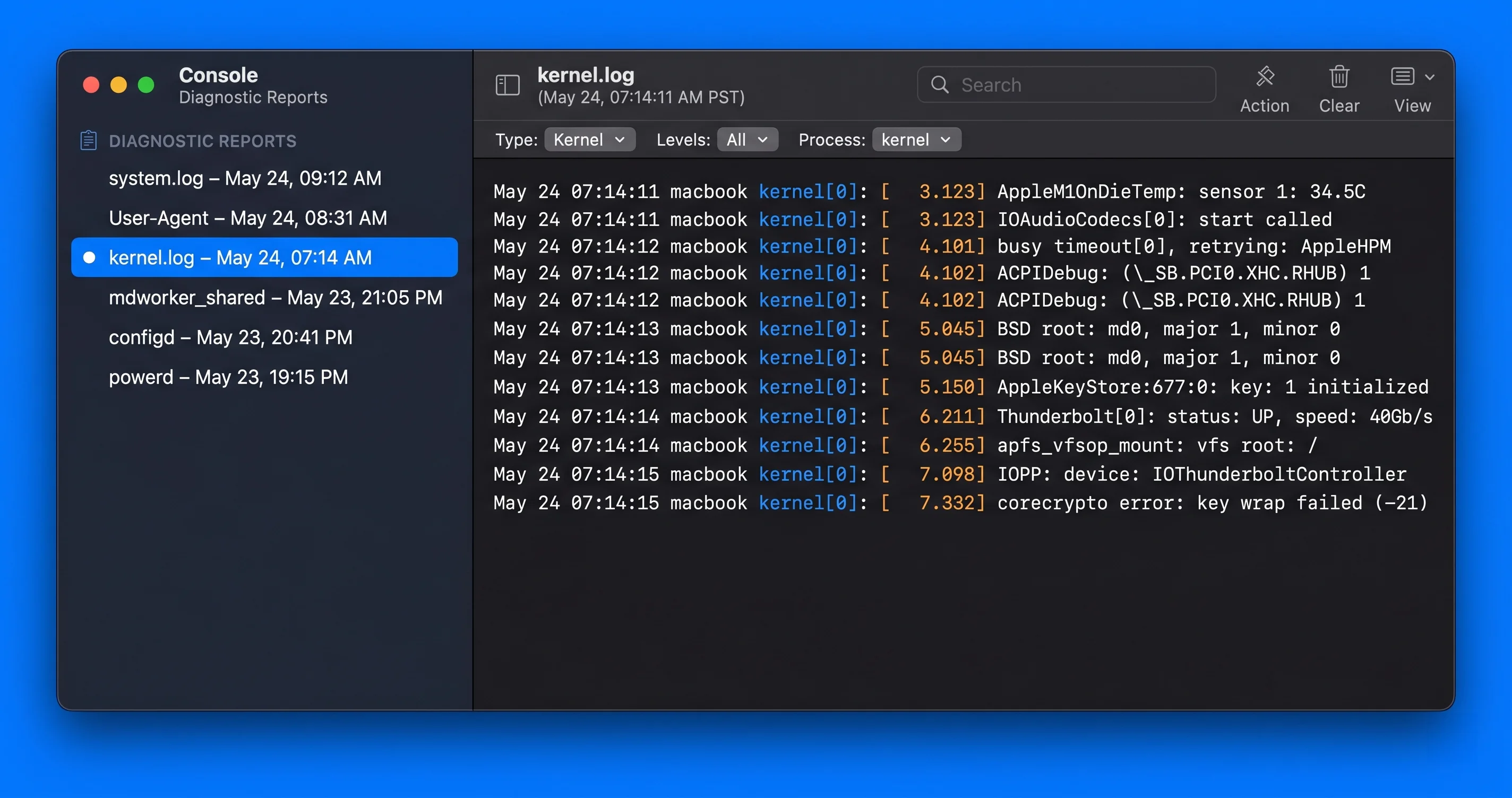 Console app showing a macOS panic report