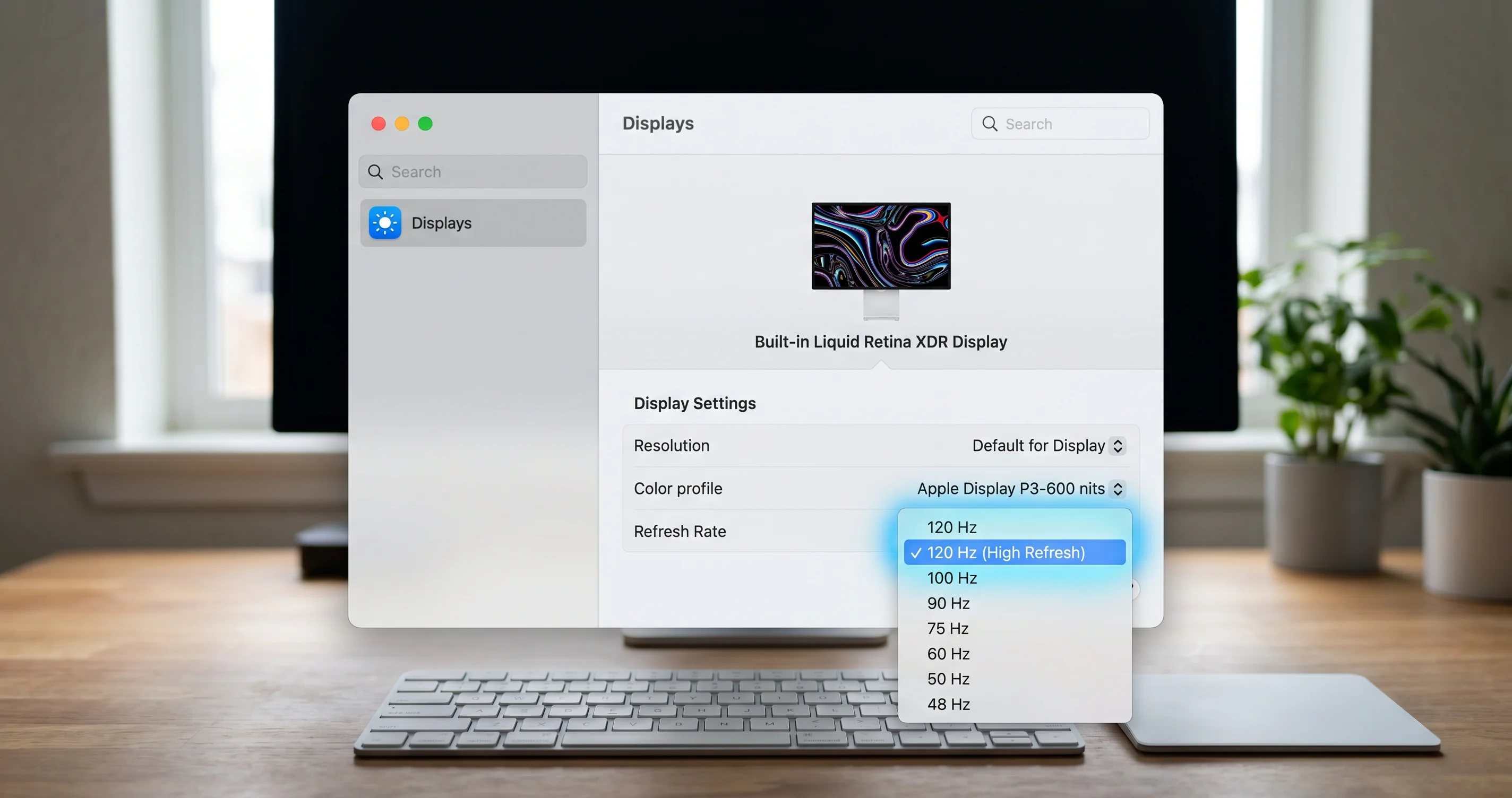 Display settings refresh rate selector on macOS Tahoe