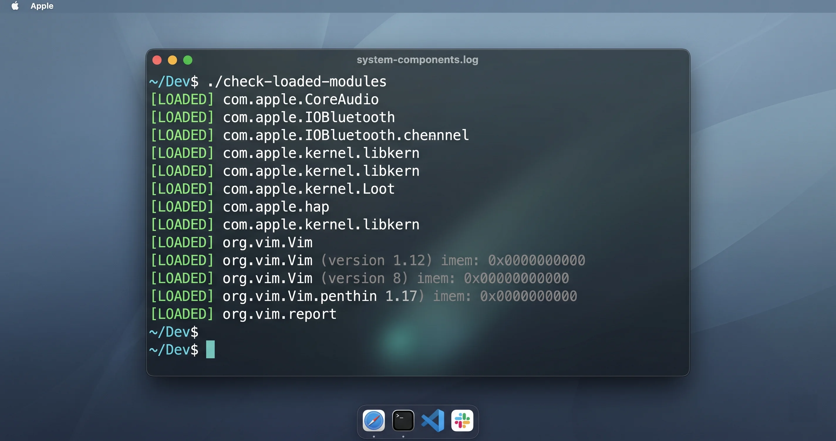 Terminal listing loaded kernel extensions