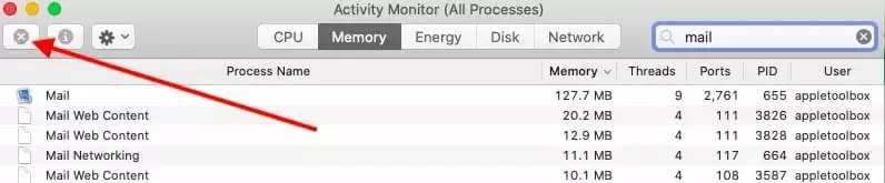 Activity Monitor Showing Mail Processes