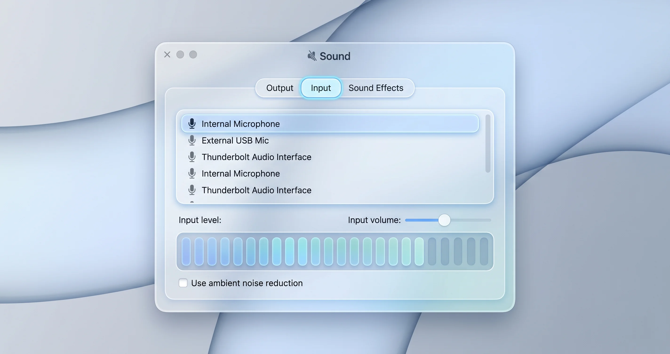 macOS Sound settings Input tab with input level meter