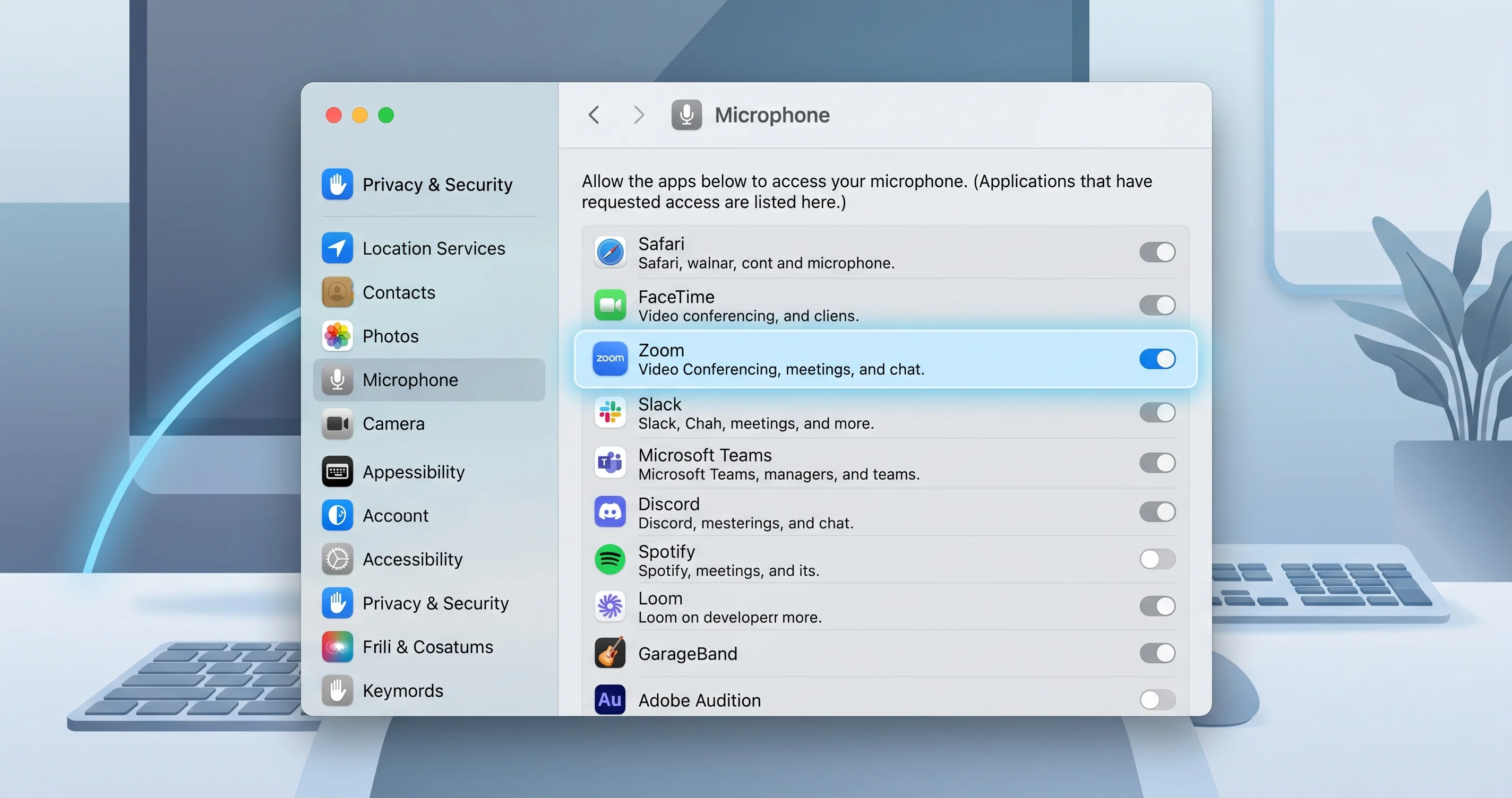 macOS Privacy and Security Microphone permissions panel