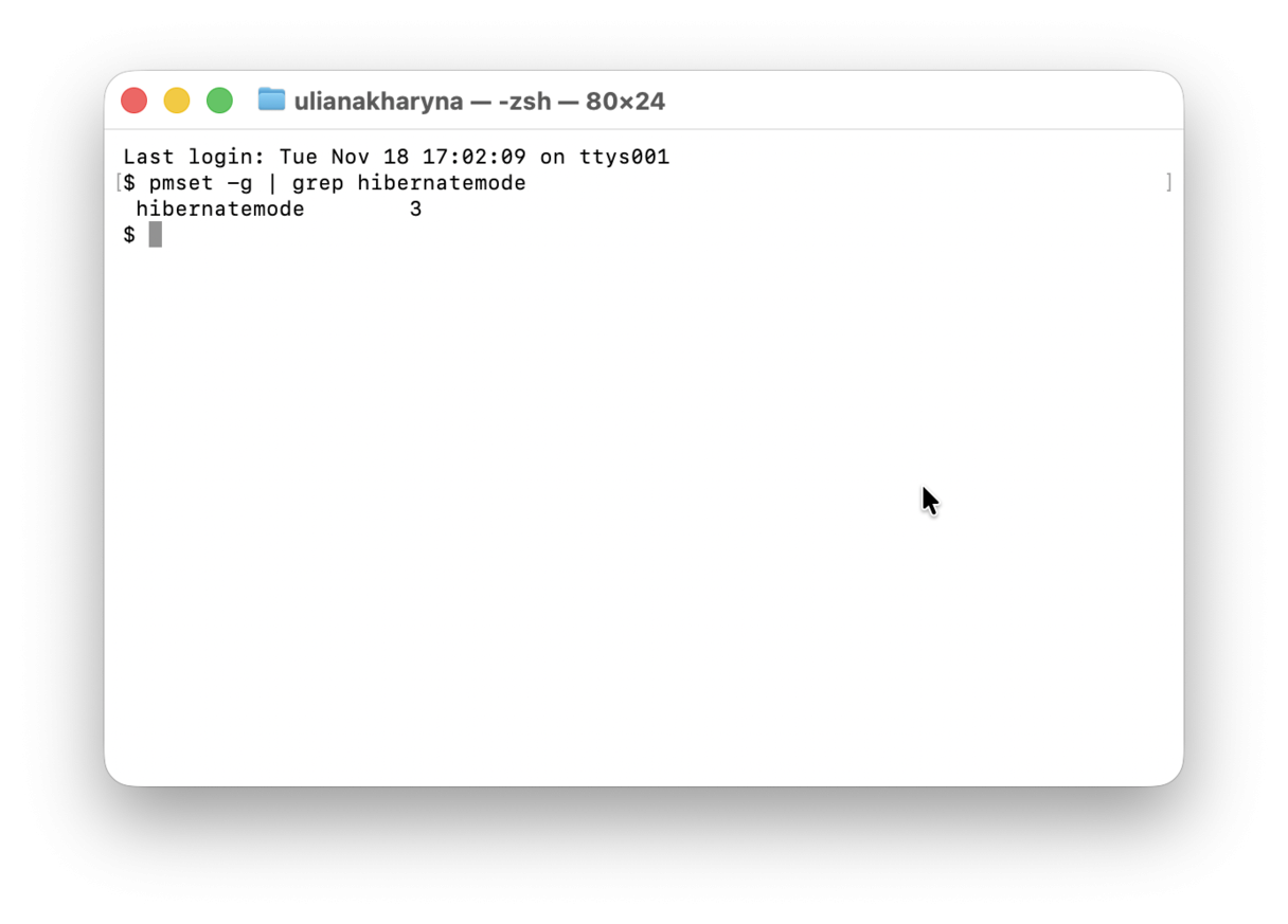Terminal showing pmset hibernation mode