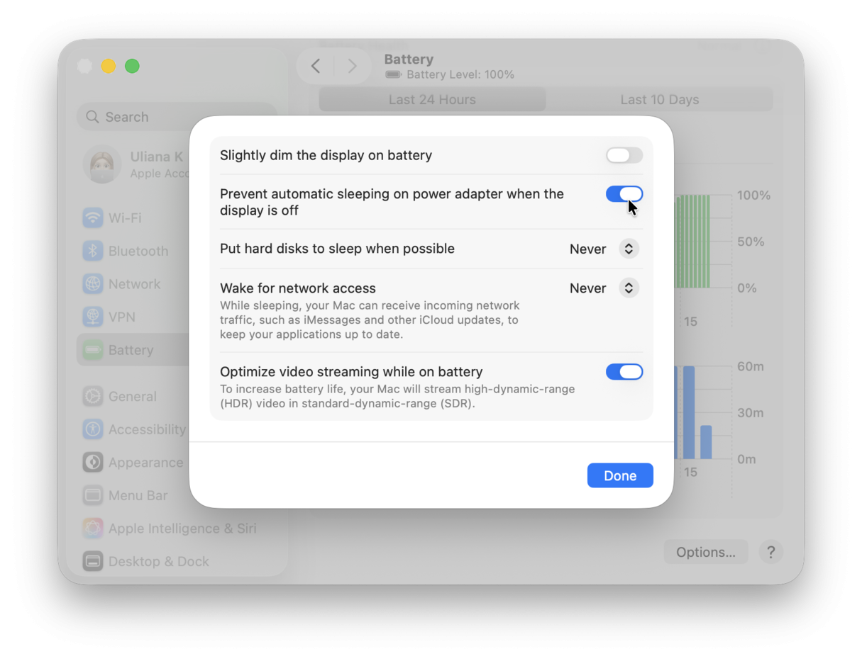 Prevent Sleep Settings macOS Tahoe