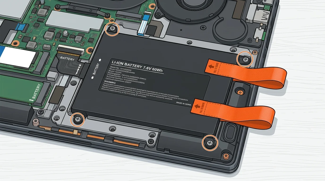 Composants internes du MacBook Neo montrant la batterie vissée, les ports modulaires et la carte logique A18 Pro
