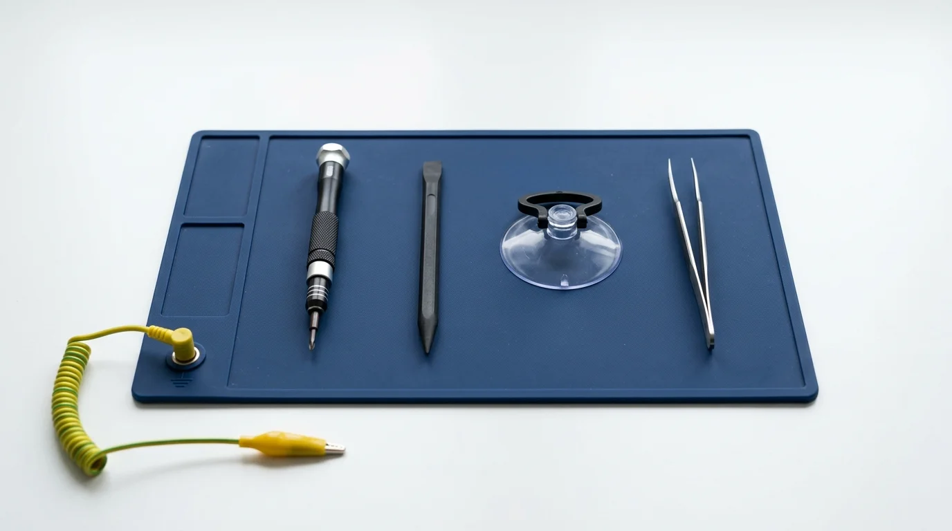 Remplacement de batterie du MacBook Neo montrant les languettes d'extraction et les emplacements des vis