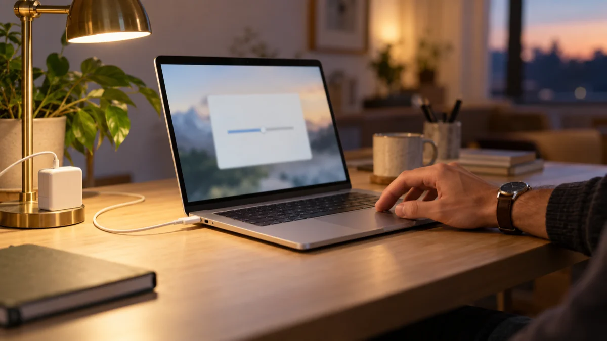 A thin silver laptop plugged into a charger on a wooden desk next to a desk lamp, with a hand reaching to open the battery settings