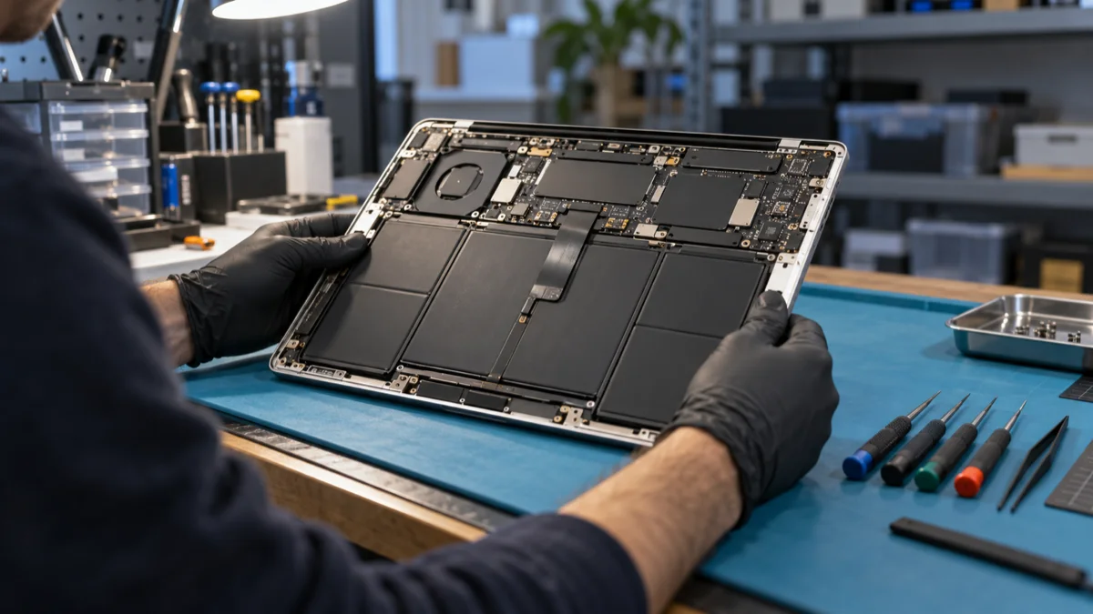 A technician's hands holding a thin silver laptop with the bottom case removed, checking the battery cells under a work lamp