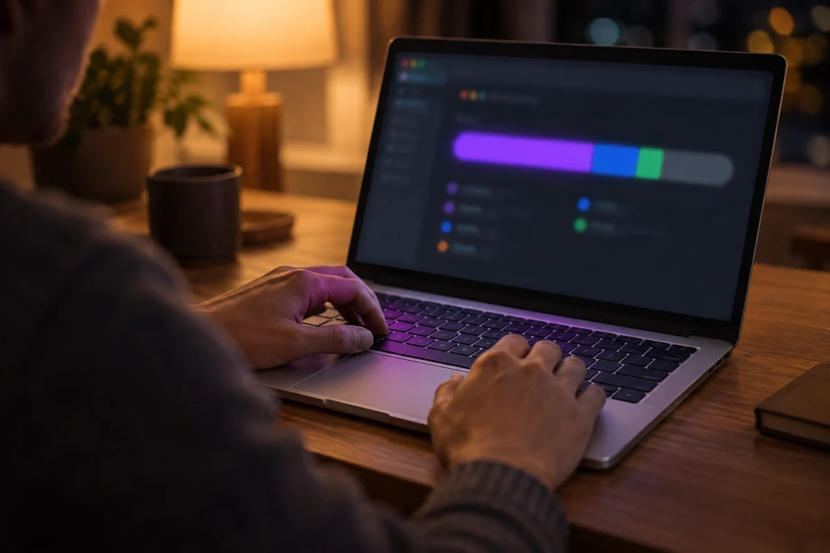 Hands on a laptop keyboard in the evening, the screen showing a storage bar dominated by one large violet segment