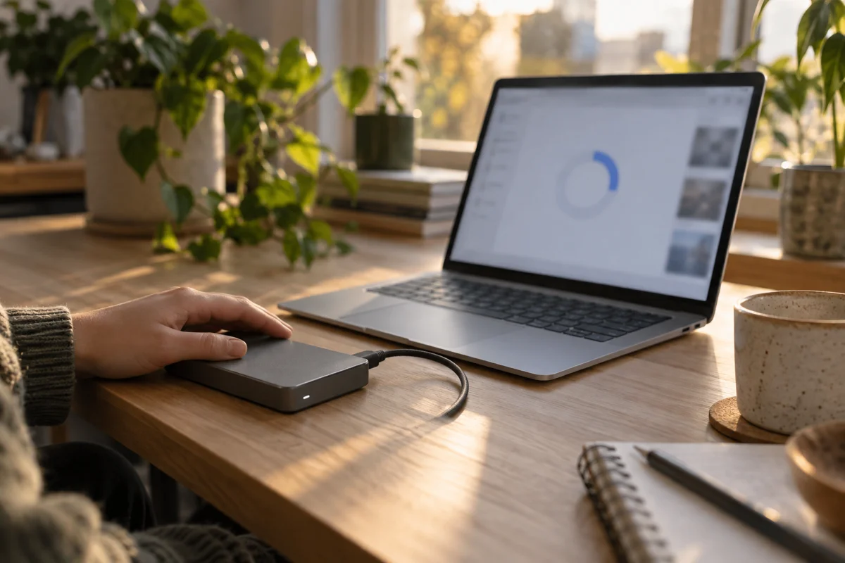 A laptop on a sunlit desk connected by a short cable to a compact external backup drive, with a backup progress ring on screen