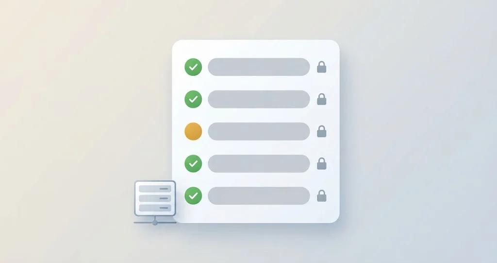 A checklist of server connections with most marked secure and one flagged for attention