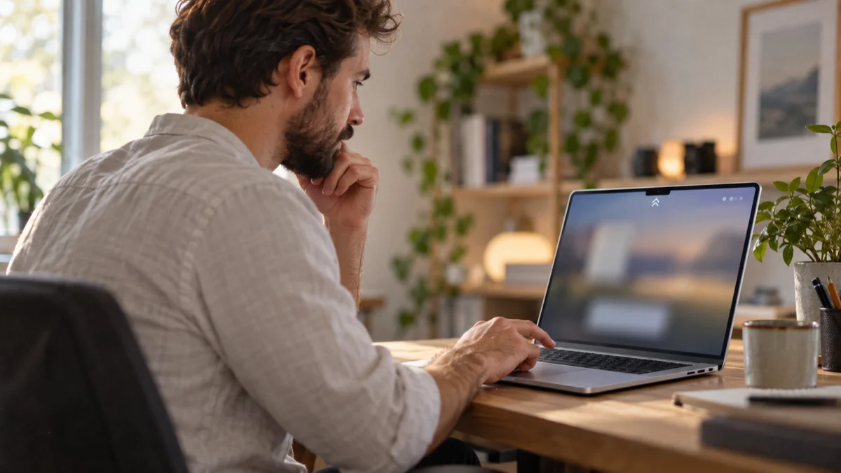 A man in a home office reaching to click a small arrow at the edge of the menu bar on his laptop screen, with a few icons folded away