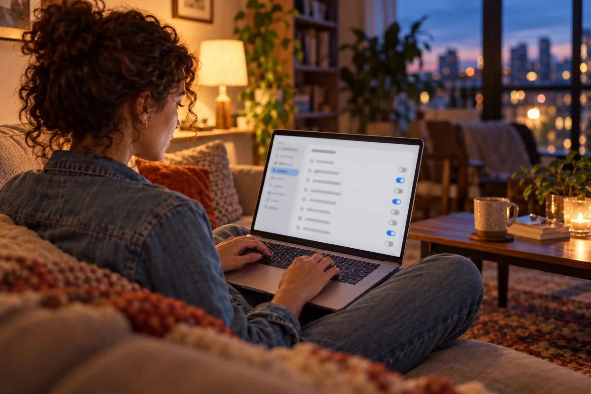 A young woman checking a laptop with a small settings panel open on the screen, ticking menu bar items on and off