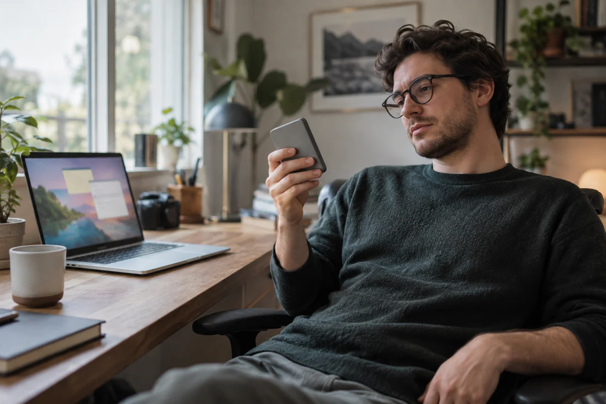 A man leaning back in his chair holding an external backup drive and weighing whether to go back to the previous macOS version