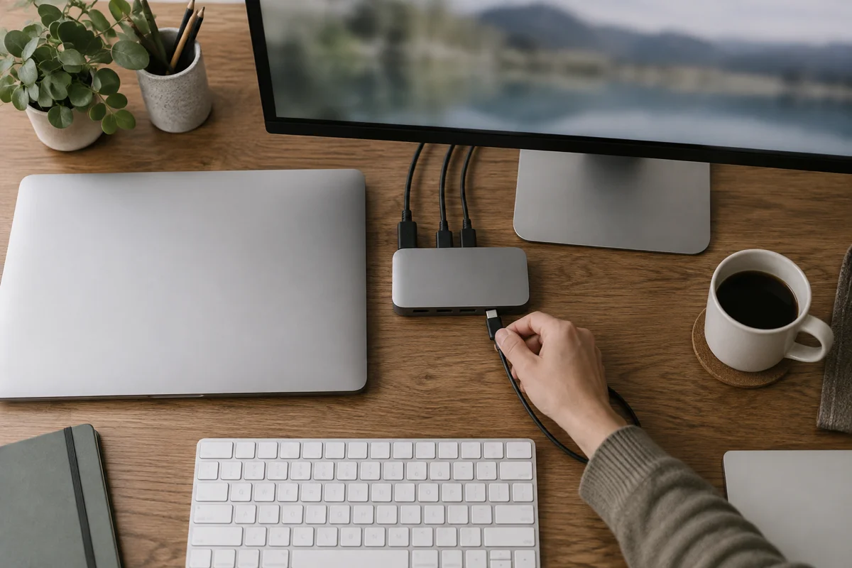 Top-down view of a tidy multi-display desk, with a hand plugging a cable into a USB-C dock next to a closed laptop and an external monitor