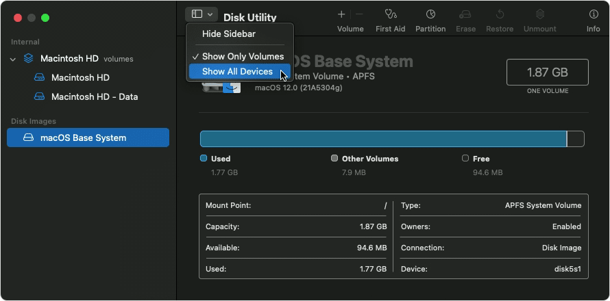Running First Aid - Disk Utility showing all devices