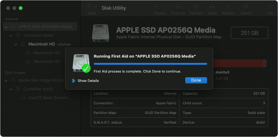Disk Utility First Aid Complete - Container repair