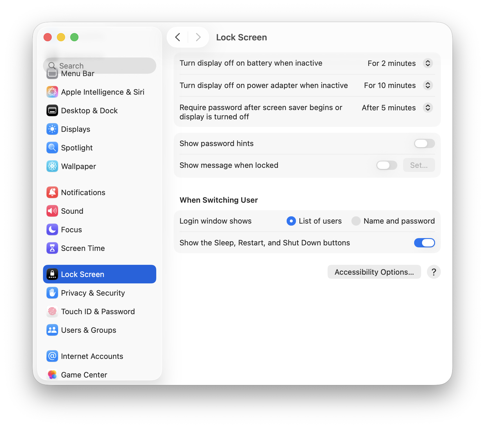 macOS Tahoe 잠금 화면 설정