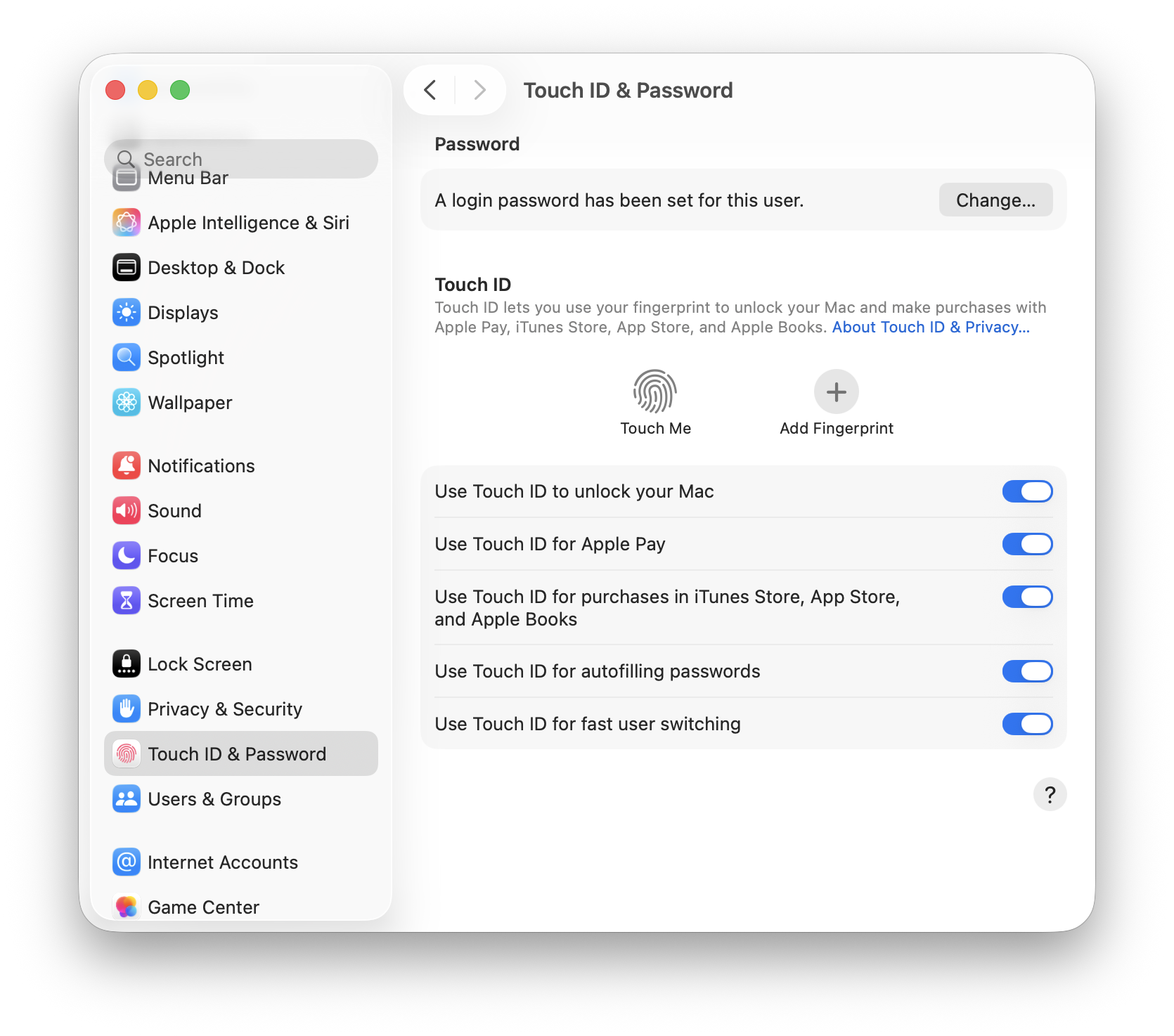 macOS Tahoe Touch ID 및 암호 설정