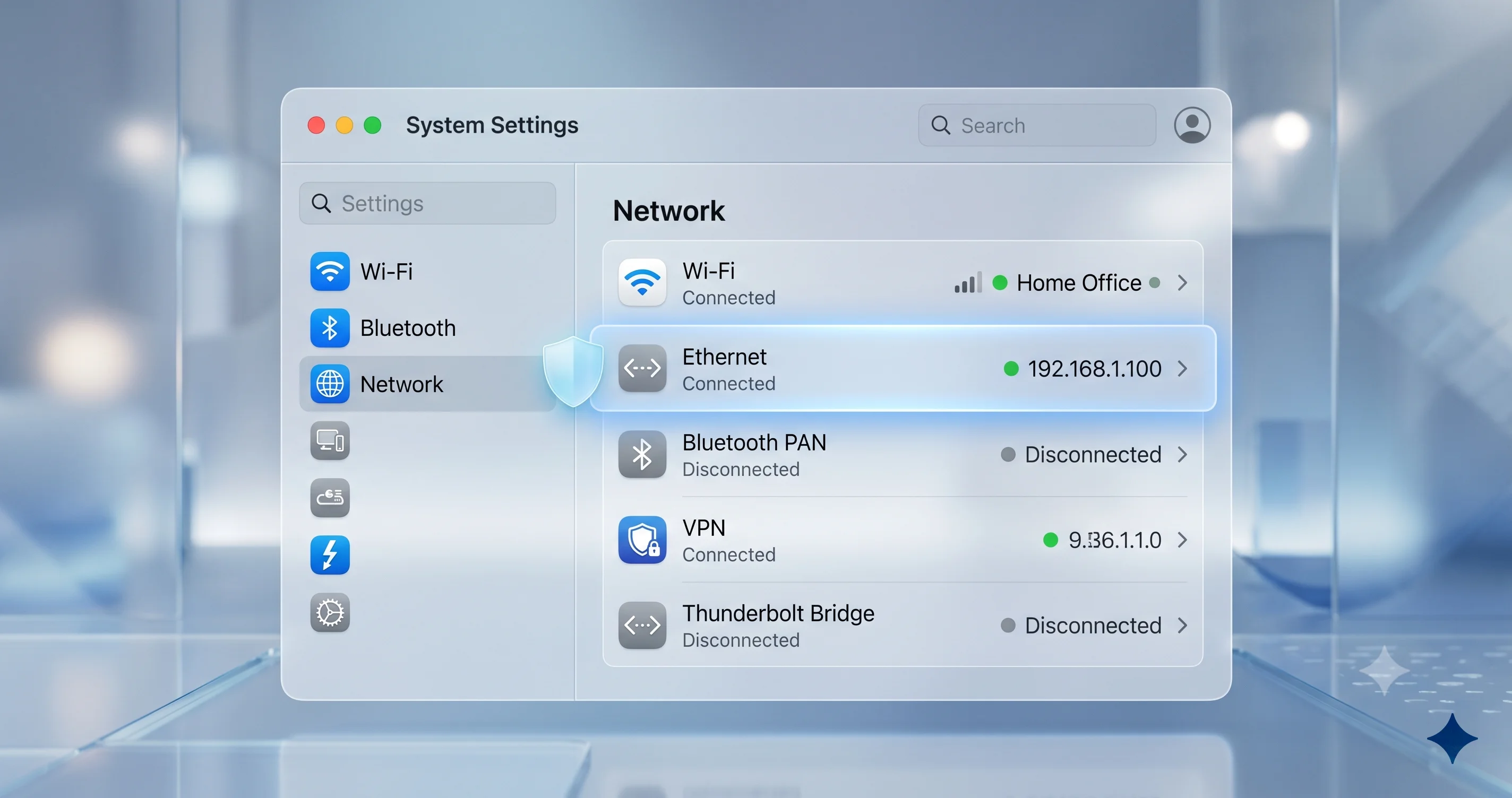 macOS Network settings panel with shield glyph