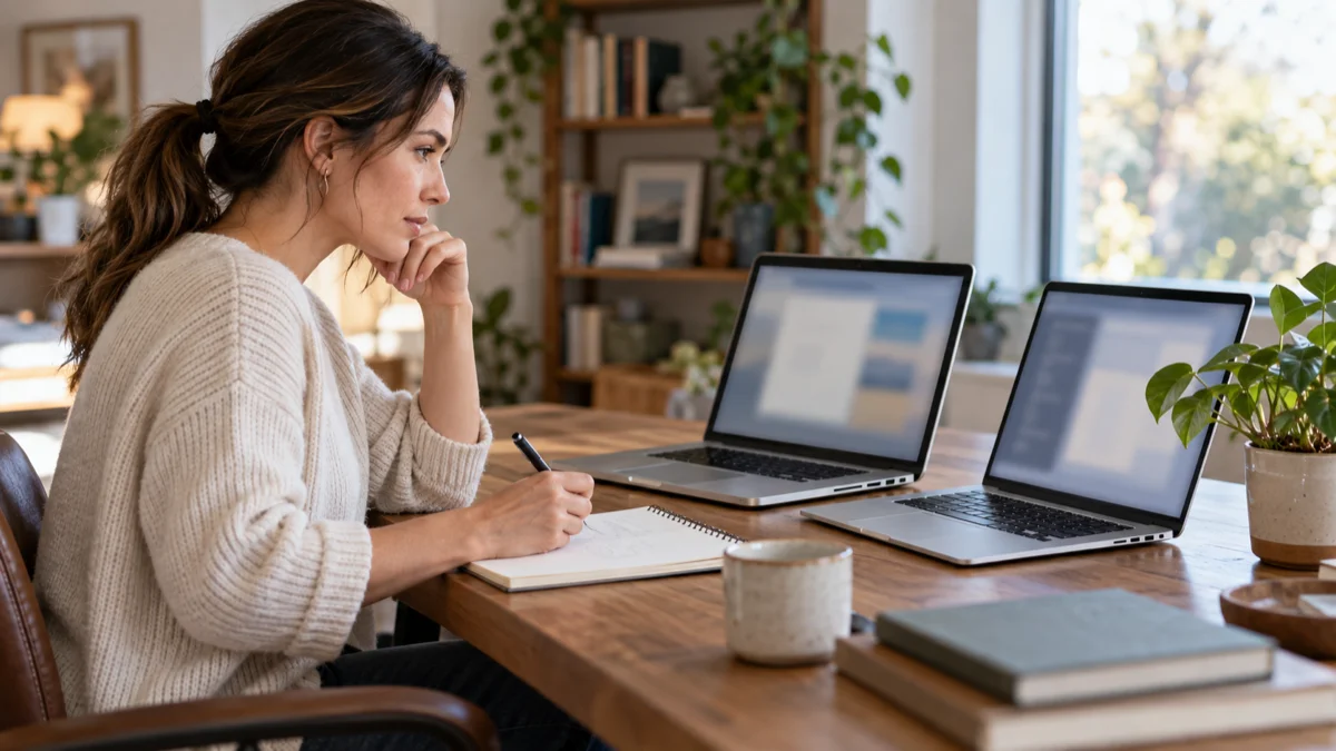 A woman in a home office holding a notepad and checking the model of an older silver laptop next to a modern one to decide which macOS update each needs