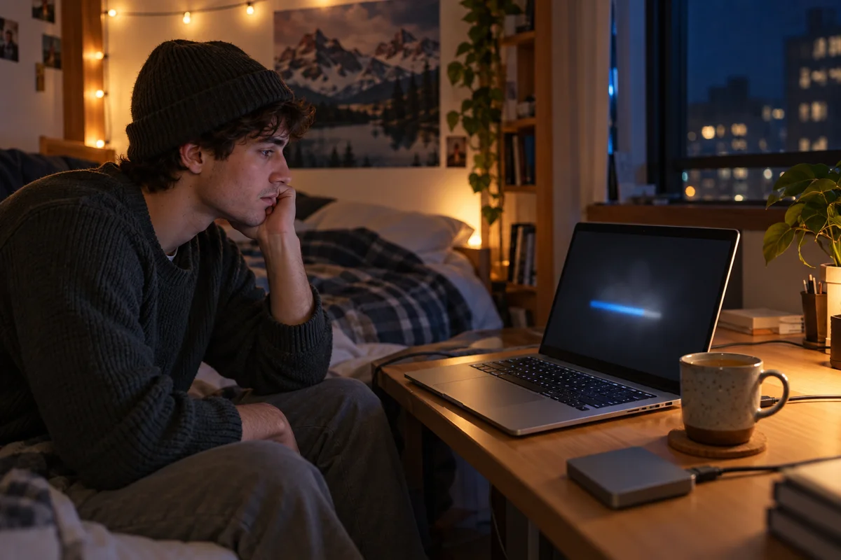 A young man in a college dorm room watching a thin silver laptop restart to finish installing a macOS security update, a mug and a backup drive on the desk