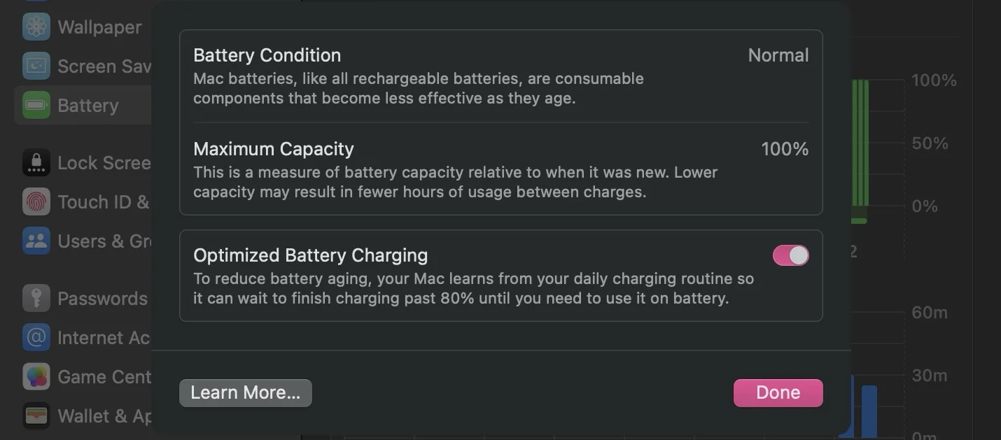 Détails de l'état de la batterie macOS