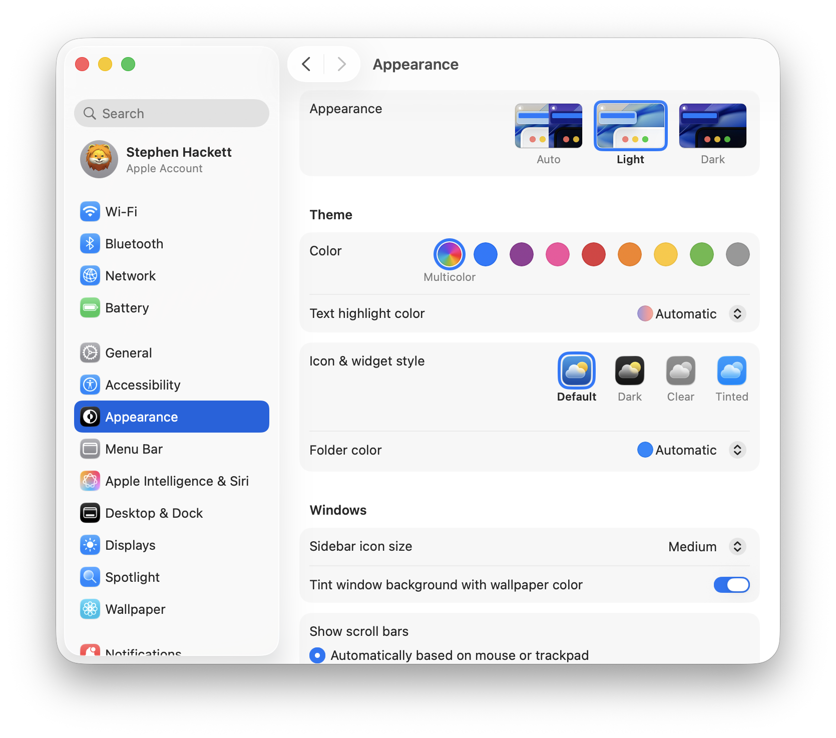 Настройки внешнего вида macOS Tahoe, показывающие темы дисплея и параметры визуальной настройки