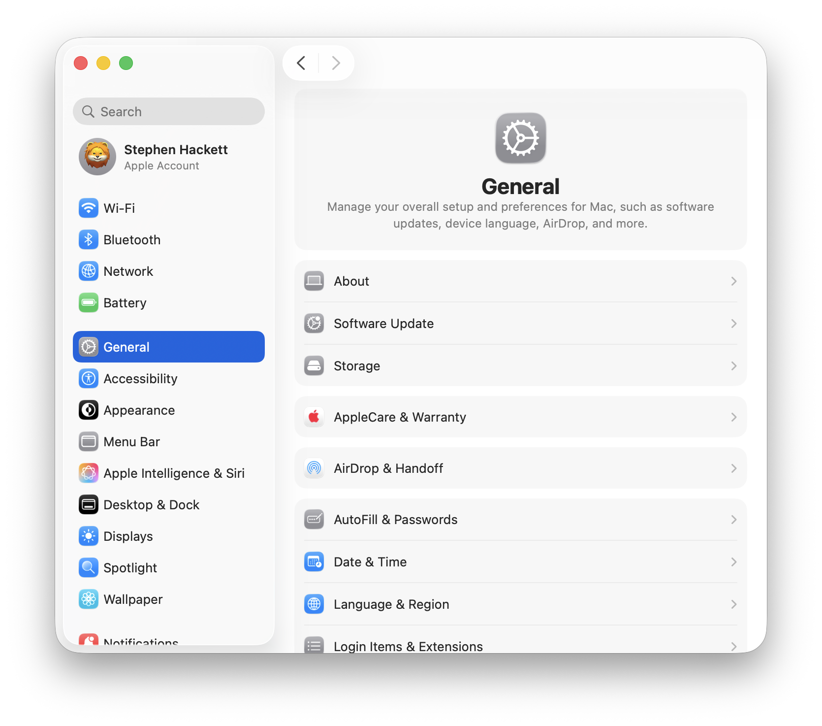 Панель "Основные" в системных настройках macOS Tahoe с опциями конфигурации всей системы