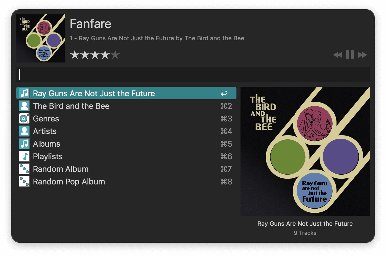 Alfred music player control interface