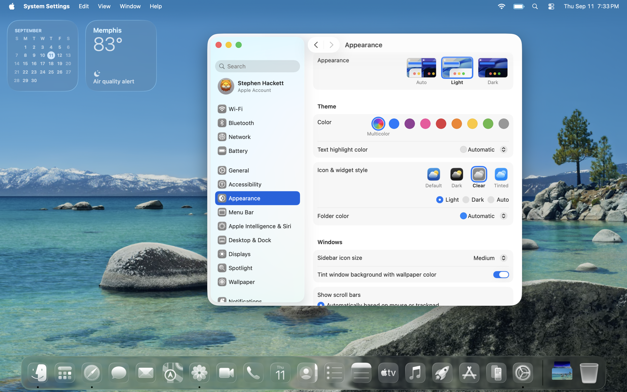 macOS Tahoe クリアライトの外観スタイル
