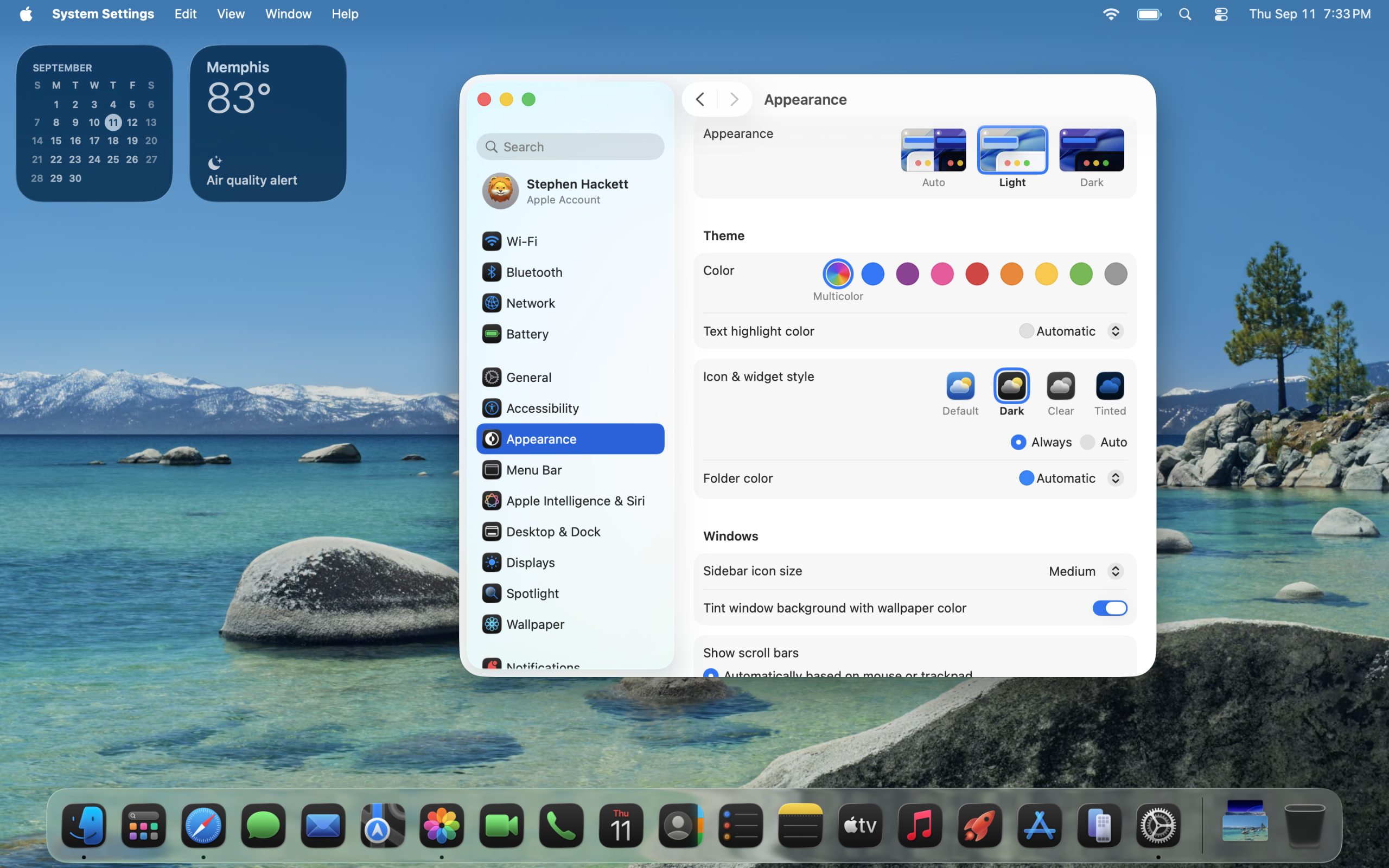 macOS Tahoe ダークスタイルの外観