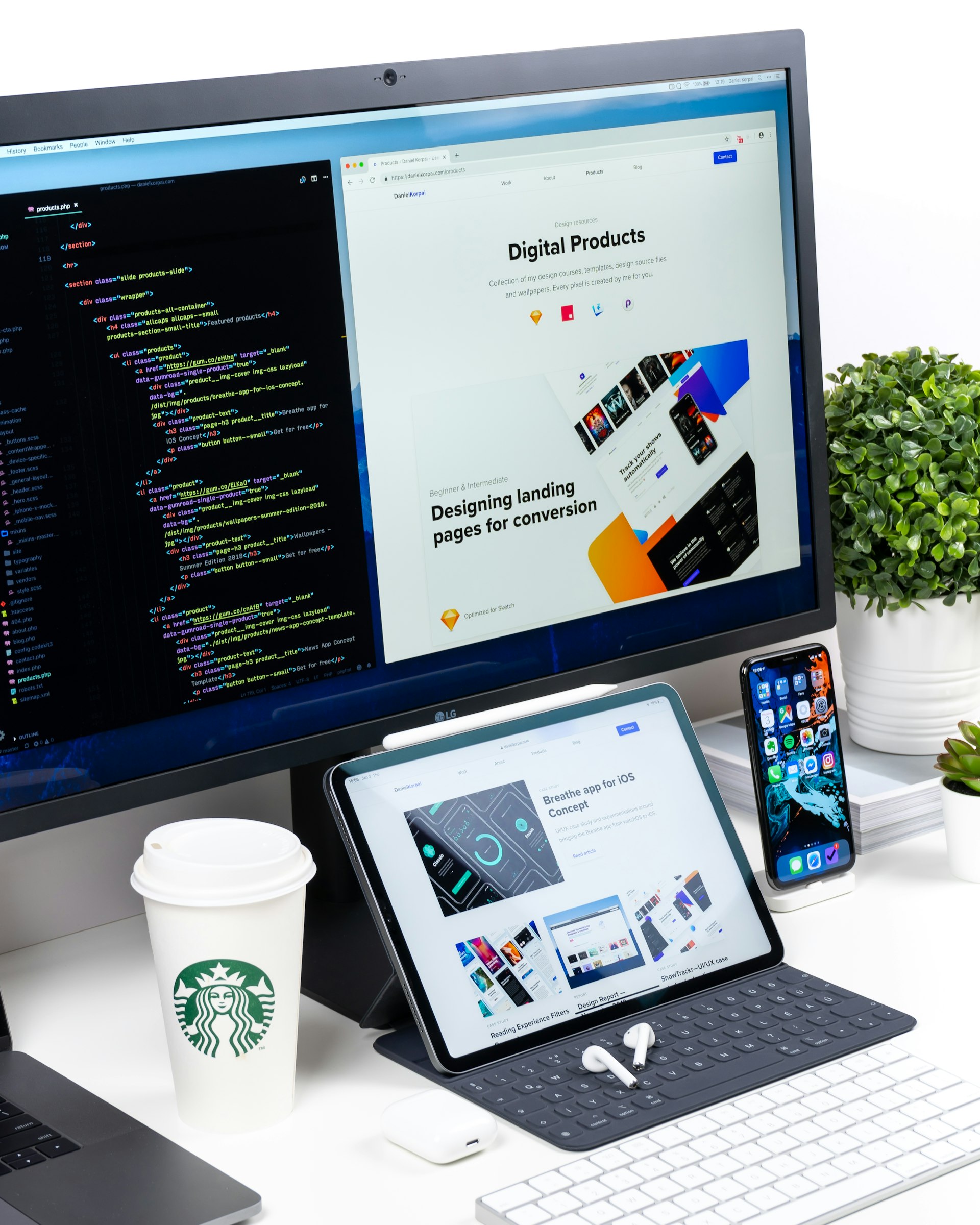 Professional Mac workspace with external monitor setup