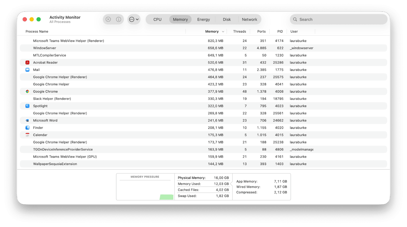 Activity Monitor showing memory pressure